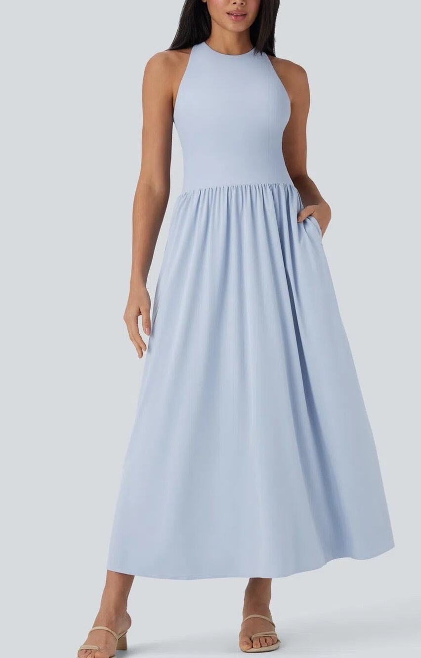 Halara Breezeful A-Line Sleeveless Maxi Dress L Blue Cross Back Casual Travel